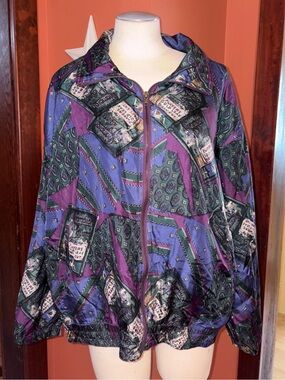 Vintage EVR 100% Silk Purple Patterned Zip Jacket